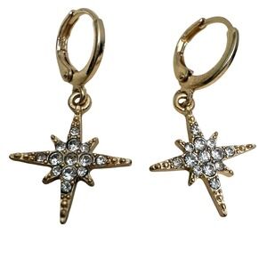 Gold Tone Celestial Star Rhinestone Drop Earrings Lever Back Jewelry 1/4 in